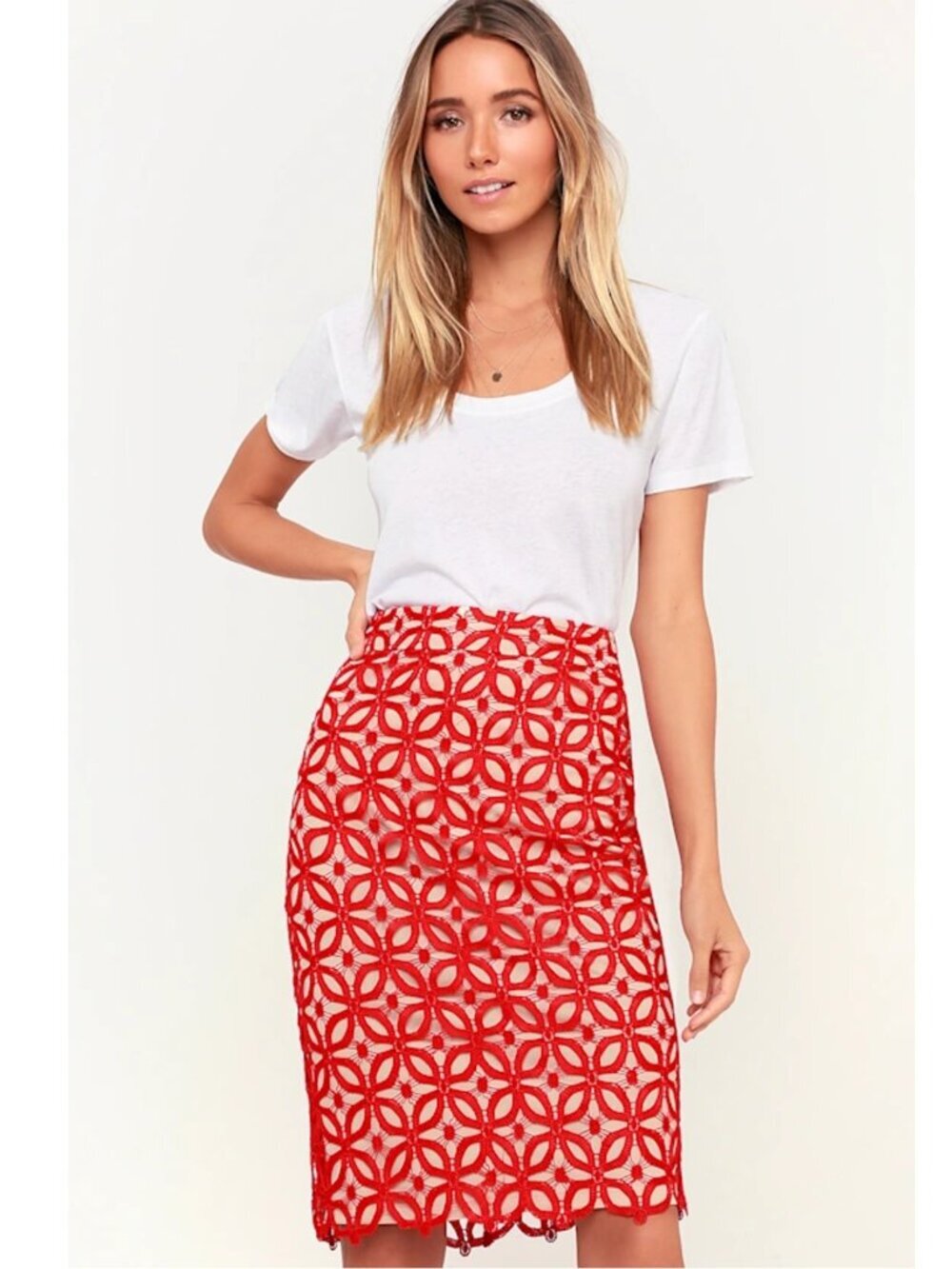 NWT New Lulus Harnett Red and Nude Lace Skirt Size XL